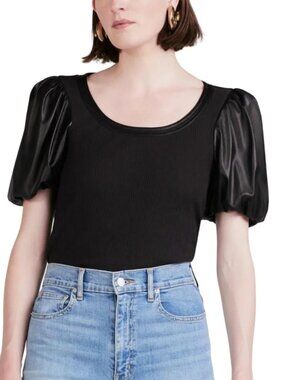 Derek Lam 10 Crosby Willa Black Faux Leather Balloon Sleeve Scoop Top Women's XS